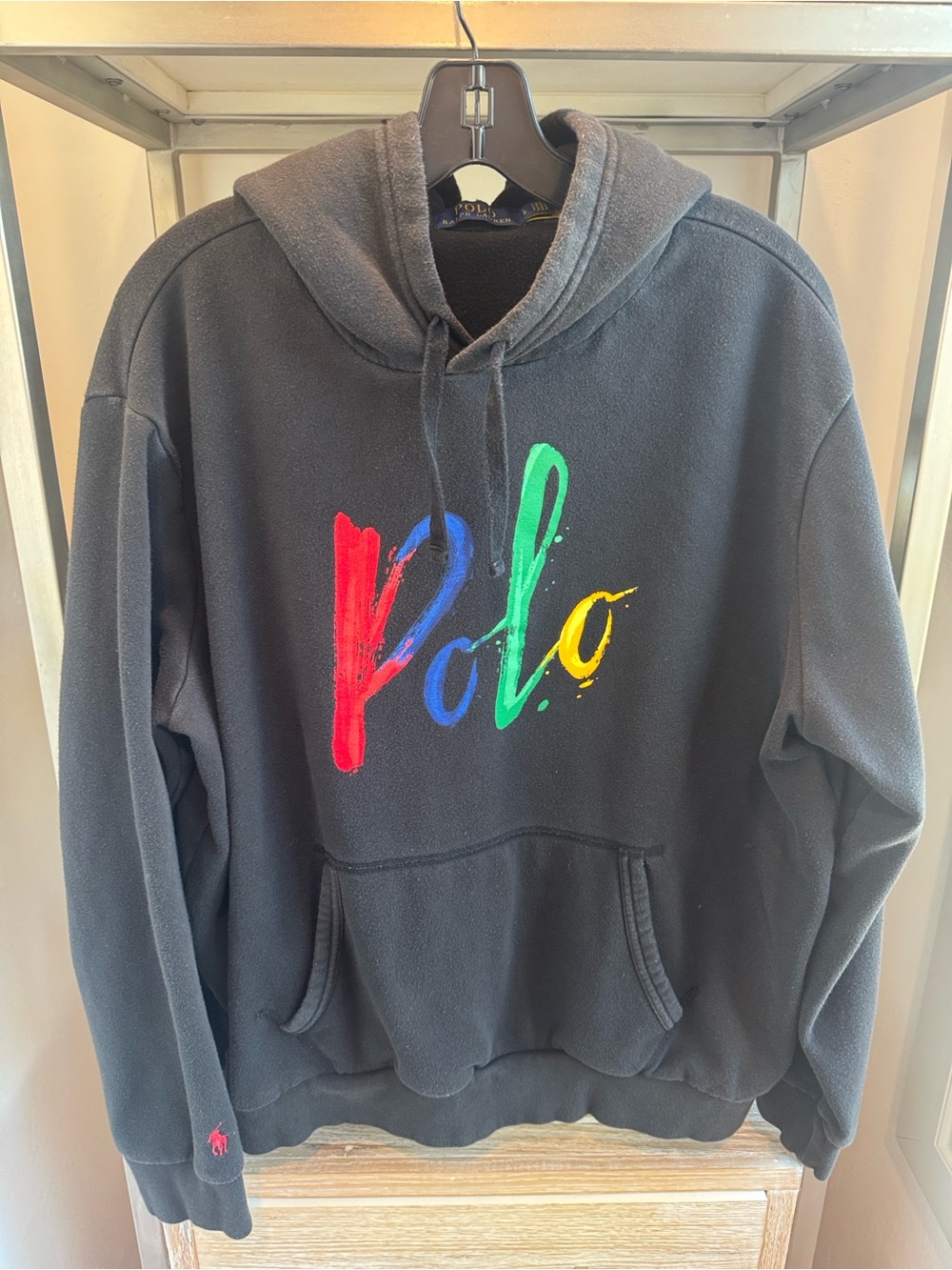 Ralph Lauren Black Hoodie with Multicolor Polo Script